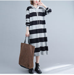 Loose Striped Hooded Knitted Midi Dress