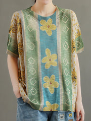 Printed Simple Knitted Loose Hollow T-Shirt