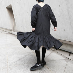 Drawstring Pleated Big Swing Long Sleeve Dress