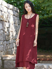 Burgundy&Black Ramie Cotton Sleeveless Long Dress