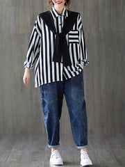 Loose Striped Lapel Collar Long Sleeve Shirt