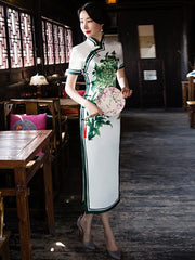 Green Flower Side Split Long Cheongsam