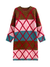 Casual Roomy Long Sleeves Contrast Color Round-Neck Sweater Dresses