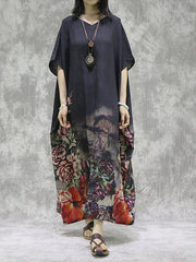 Vintage Floral Batwing Sleeve Round Neck Dress