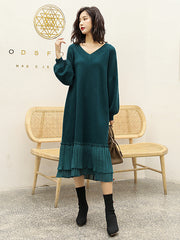 Women Stitching V-Neck Loose Knit Dress