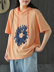Loose Linen Print Hood Sweatshirt