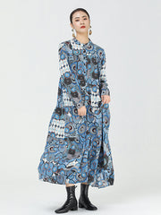 Women Retro Print Round Neck Casual Dress