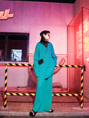 Loose V-Neck Knitted Sweater And Elastic Waist Wide-Leg Pant Suit