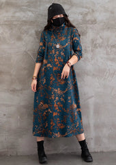 Vintage Printed Stand Collar Midi Dress
