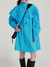 Retro Solid Ruffle Pleated Shirt Dress