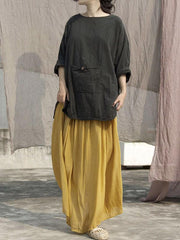 Ginger Yellow Elastic Waist Ice Silk Pleated Skirt