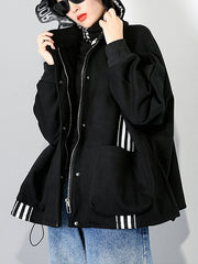 Women Striped Hooded Stitching Casual Coat