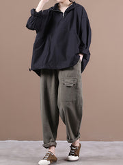 Women Loose Hooded Zipper Pullover Sweatshirt