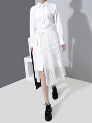 Solid Splicing Lace-Up Pleated Midi Dress