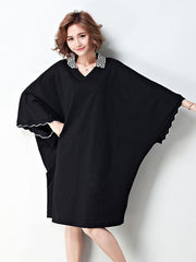 Loose Plus Size Split-Joint Black Midi Dress