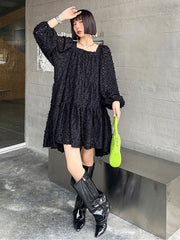 Retro Solid Color Square Neck Puff Sleeve Dress