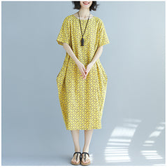 Round Neck Short Sleeve Printed Midi Dresses