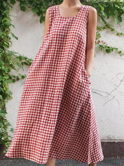 Sleeveless Plaid Loose Plus Size Midi Dresses