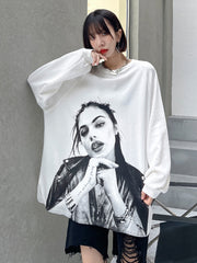Printed Slit Design Loose Long Sleeve T-Shirt