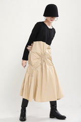 Retro Contrast Color Pleated Long Sleeve Midi Dress