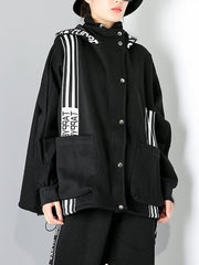 Women Striped Hooded Stitching Casual Coat