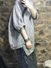 Simple Plaid Half Sleeves Flax Blouse Top