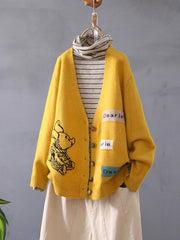Loose Embroidered V-Neck Cardigan Outwear
