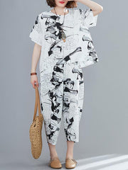 Loose Ink Prnted Wie-Leg Suits
