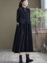 Round Neck Solid Loose Corduroy Midi Dress