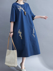 Women Retro Embroidered Solid Color Pullover Dress