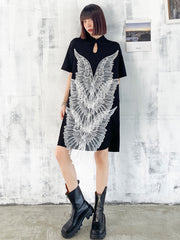 Loose Wing Embroidery Stitching Midi Dress