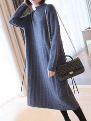 Plain Elasticity Pleated Knit Midi Dress