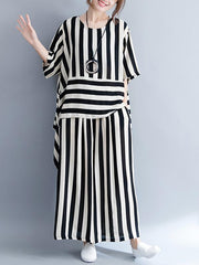 Loose Striped Asymmetric T-shirts+Pants Suit