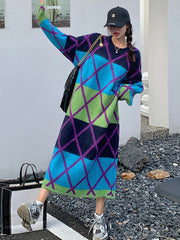 Casual Roomy Long Sleeves Contrast Color Round-Neck Sweater Dresses