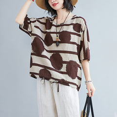 V-Neck Stripe Print Short Sleeve T-Shirt Tops