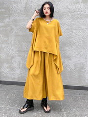 Urban Solid Round-Neck T-Shirt&Wide Leg Pants Suits