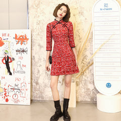Standing Neckline Round Placket, Middle Sleeve Cheongsam Mini Dress