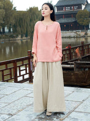 Round-neck Linen Cotton Long Sleeves Tops