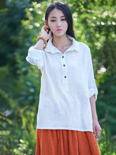 White&Gray&Beige Lapel Ramie Cotton T-shirt