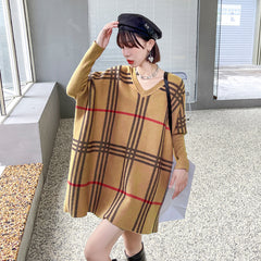 Retro Plaid Bat Sleeve Loose Jacquard V-Neck Sweater