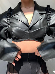 Long Sleeve Lapel Cropped Leather Top