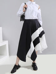 Asymmetric Contrast Color Pleated Splicing A-Line Skirt