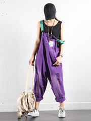 Solid Frayed Holes Suspender Jumpsuits