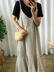 Cropped Loose Ramie Cotton Spaghetti-neck Midi Dresses