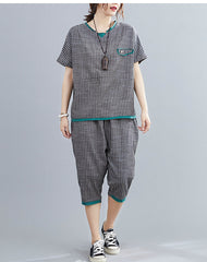 Women Casual Short Sleeve Harem Pants Striped Suit