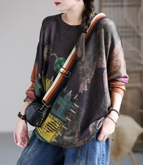 Retro Literary Casual Round Neck Print Top