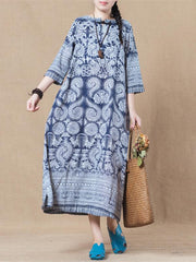 Blue Batik Linen 3/4 Sleeves Long Dress