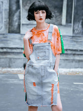 Tie Dye Short Sleeve T-Shirt Loose Stitching Denim Strap Dress