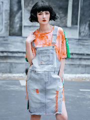Tie Dye Short Sleeve T-Shirt Loose Stitching Denim Strap Dress