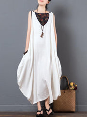 Loose Floral Ramie Cotton Cropped Hemline Maxi Dress